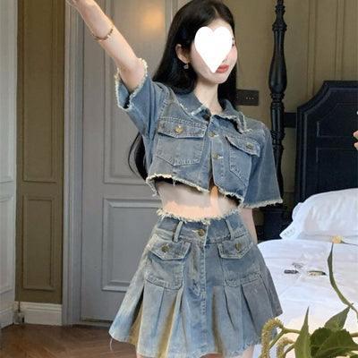 Washed Raw Edge Shirt Denim Suit by Glamytek