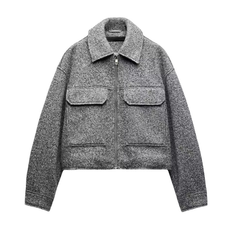 Long Sleeve Beaded Leather Jacket Large Pocket Woolen Coat