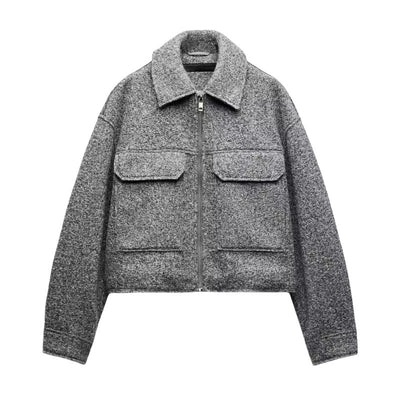 Long Sleeve Beaded Leather Jacket Large Pocket Woolen Coat