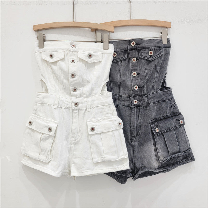 Button-Up Denim Shortalls