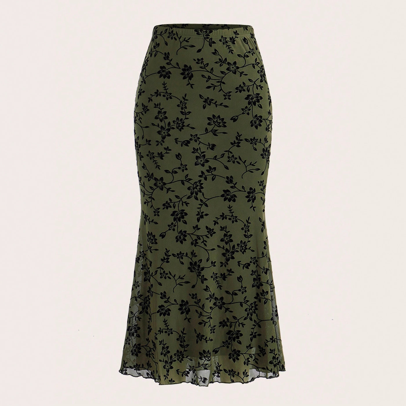 Dark Green Floral Half-length Fishtail Skirt For Women by Glamytek