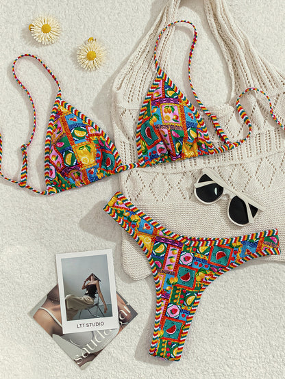 Contrasting-color printed lace-up sexy two-piece swimsuit