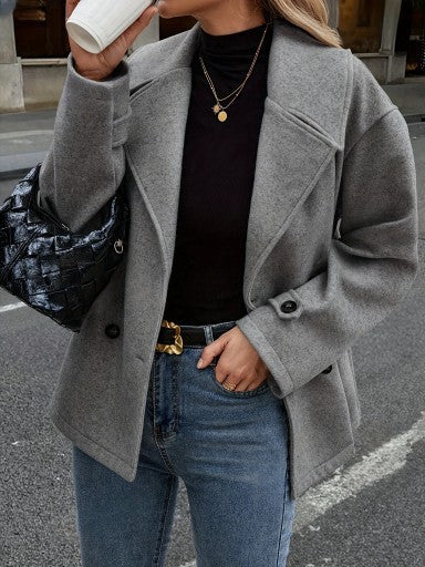 Womens Woolen Coat Dark Gray Loose Fit Short Overcoat