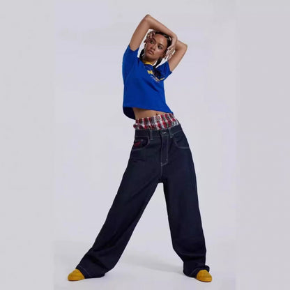Printed offset direct-woven women's straight-leg denim pants