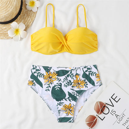Women's High Waist Bikini Swimsuit with Steel Bracket - Sexy Leopard Print & Floral Design