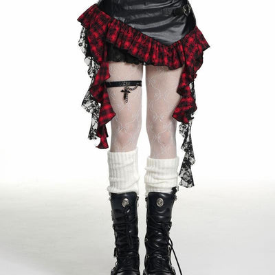 Women's Irregular Ruffled Plaid PU Leather Skirt by Glamytek