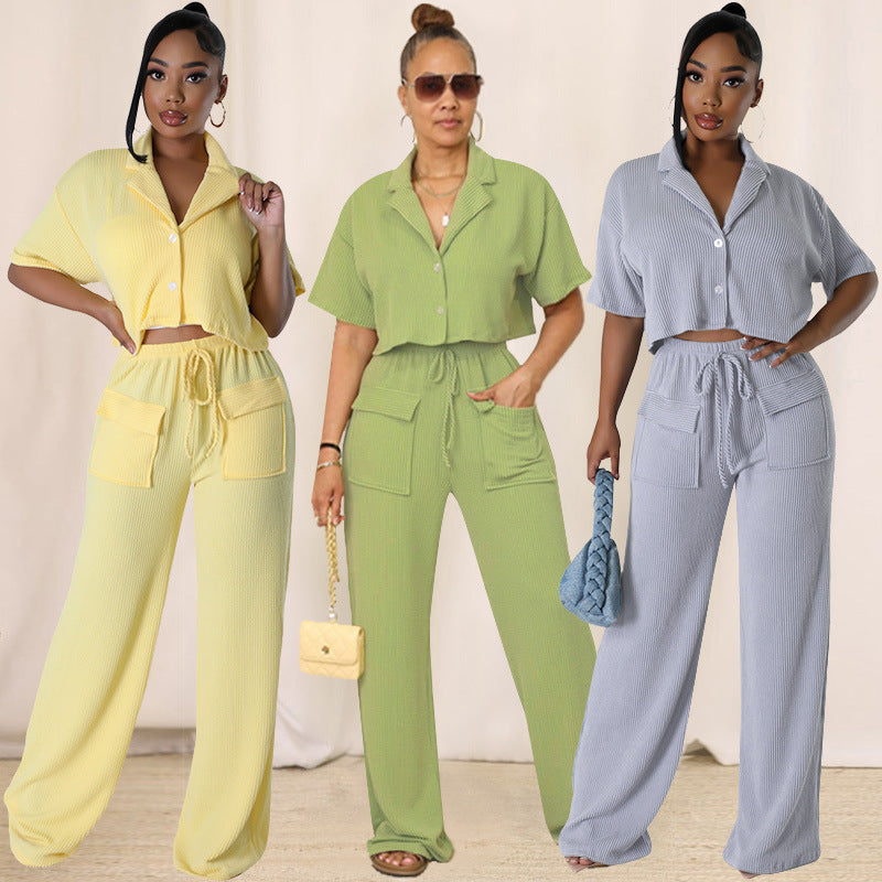 Shirt collar top, long casual wide-leg pants set