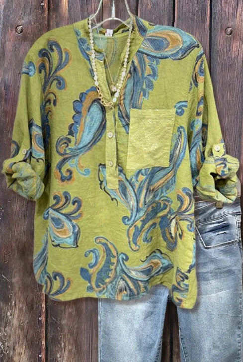 Youthful Green Pattern Print Long Sleeve Top by Glamytek