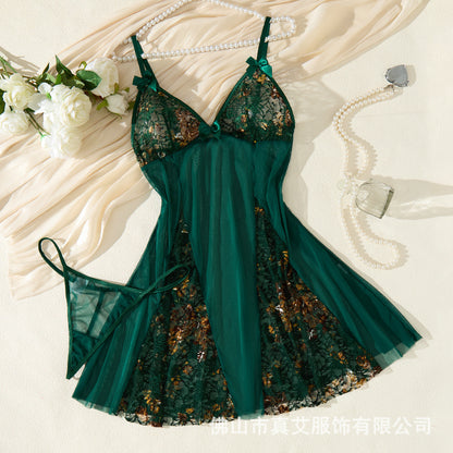 Sexy Deep V Backless Mesh Nightgown