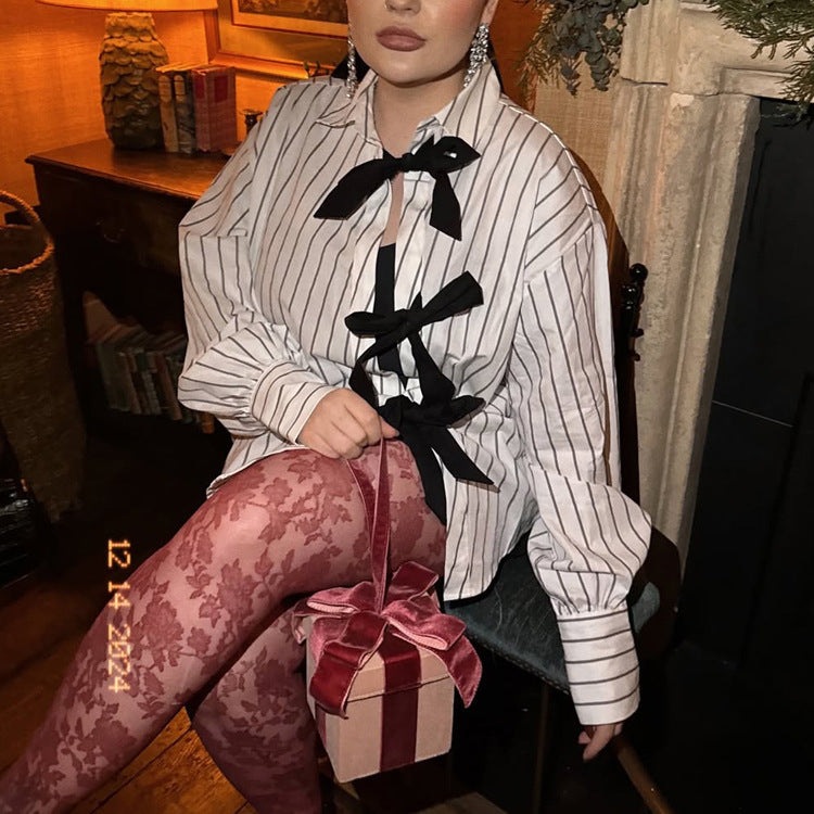 Lapel Long Sleeve Bowknot Lace Printing Striped Shirt by Glamytek