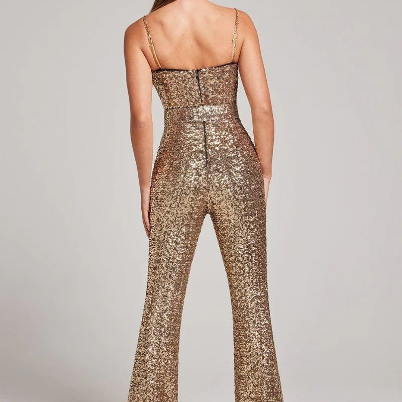 Fashionable and sexy chain belt slim-fit jumpsuit