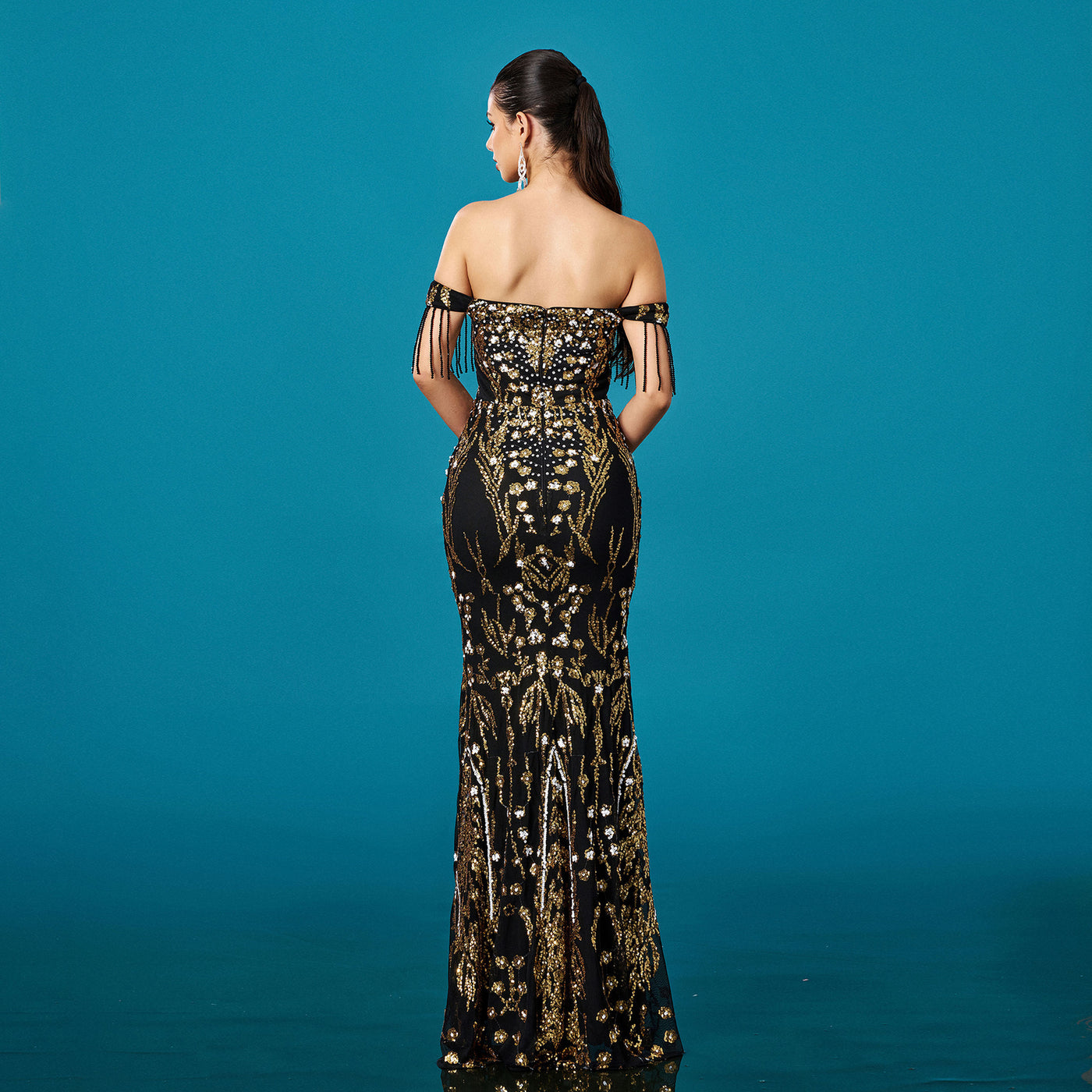 Off-neck Tassel Sequined Fishtail Evening Dress For Banquet by Glamytek