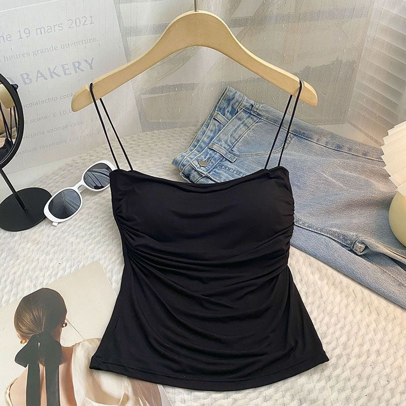 Spice Girl Sling Vest Belt Chest Pad Pleated Pure Desire Style All-match Slim Slim Slim Shoulder Strap Base Underwear for Women by Glamytek