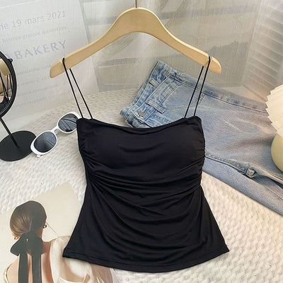 Spice Girl Sling Vest Belt Chest Pad Pleated Pure Desire Style All-match Slim Slim Slim Shoulder Strap Base Underwear for Women by Glamytek