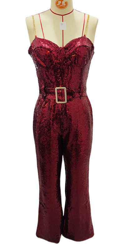 Fashionable and sexy chain belt slim-fit jumpsuit