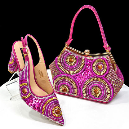 Rhinestone high-heeled pointed-toe sandals and an irregular-shaped handbag