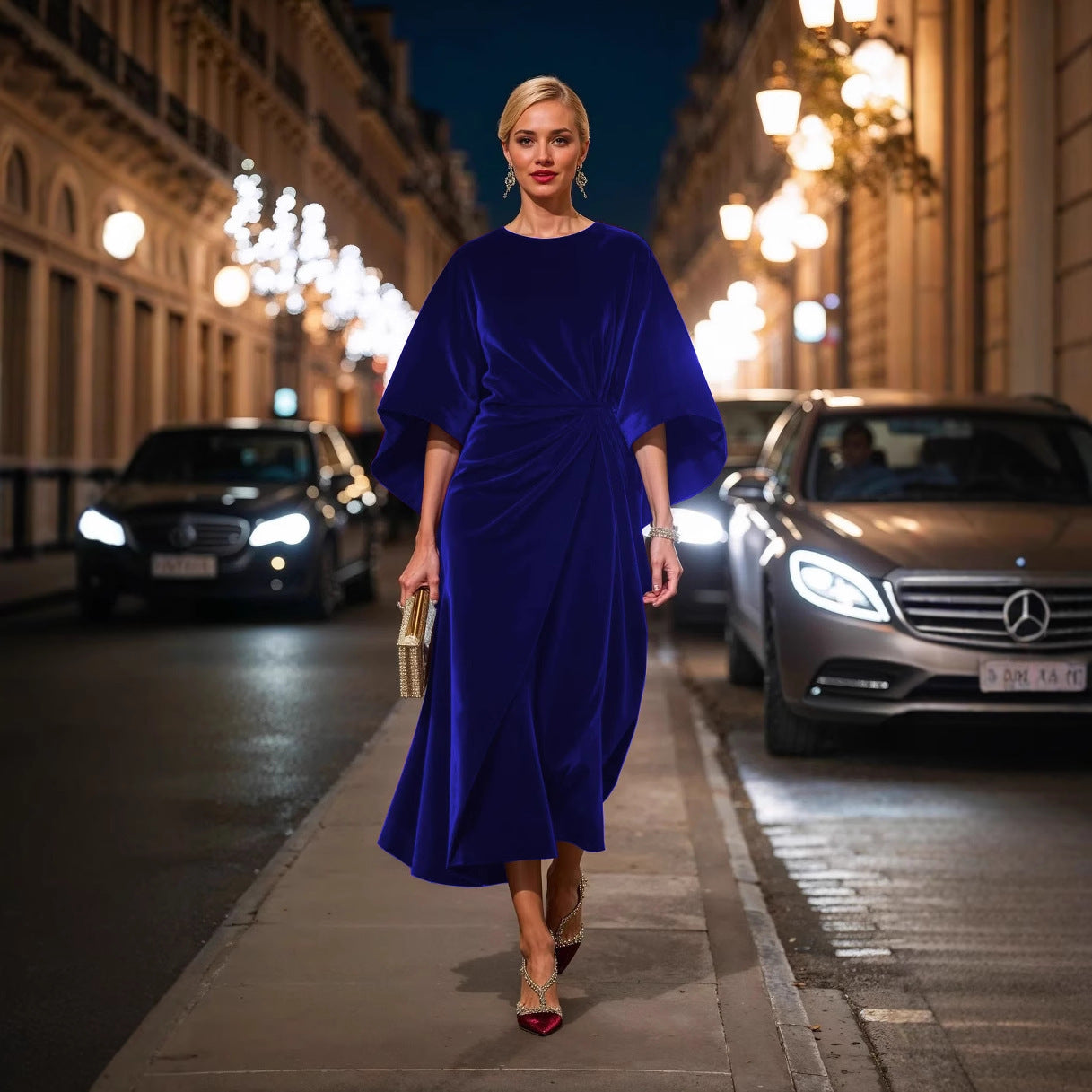 Women's Fashion Elegant Gold Velvet Waist-tight Batwing Sleeve Dress