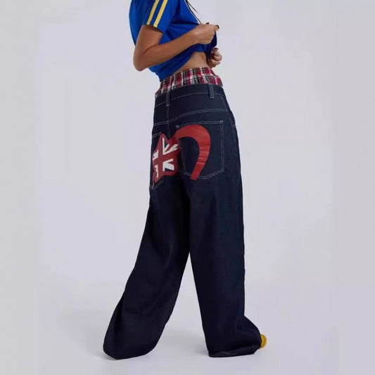 Printed offset direct-woven women's straight-leg denim pants