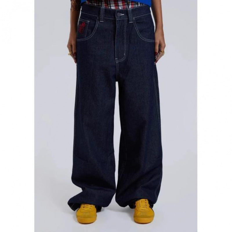 Printed offset direct-woven women's straight-leg denim pants