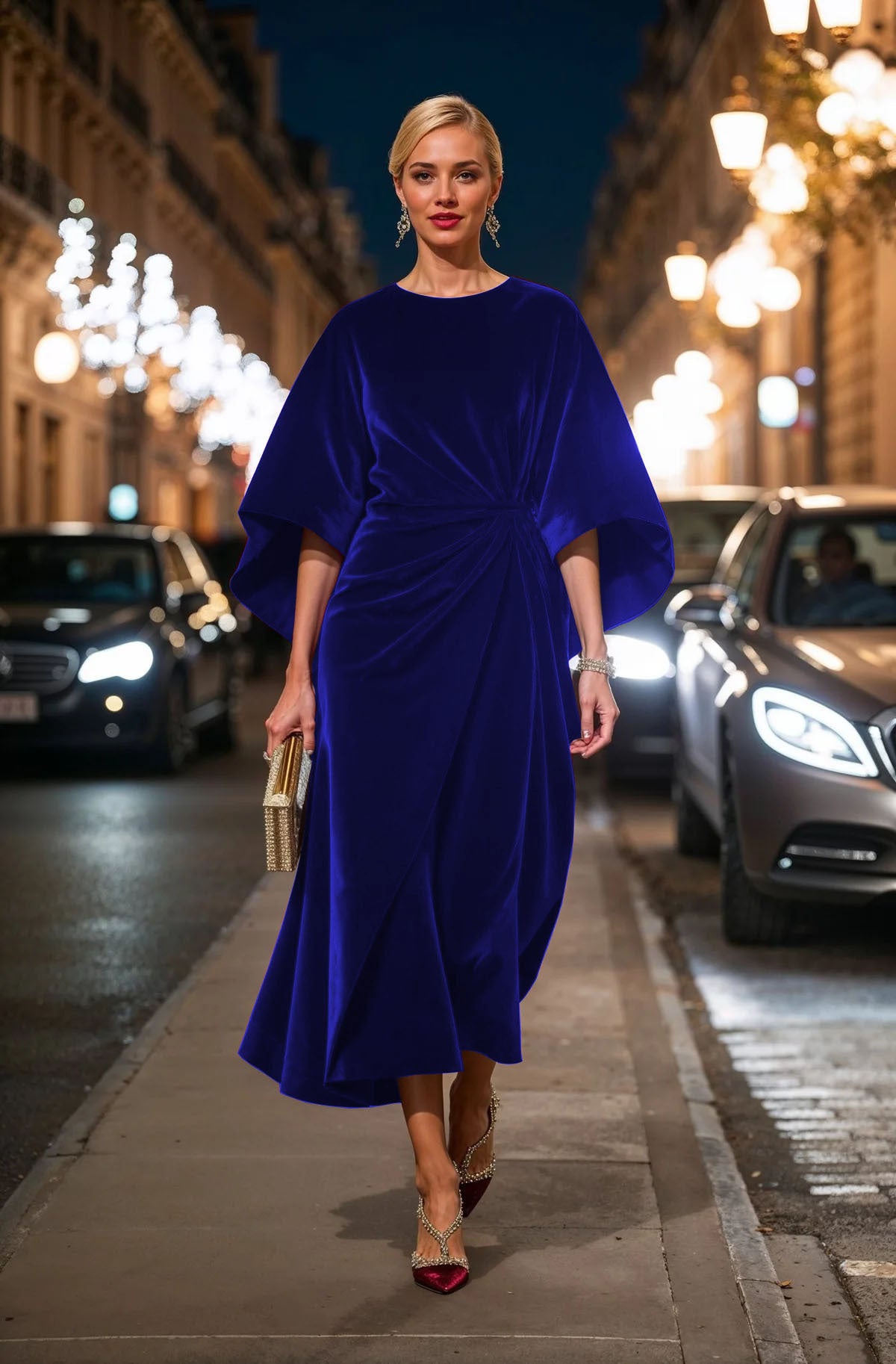 Women's Fashion Elegant Gold Velvet Waist-tight Batwing Sleeve Dress