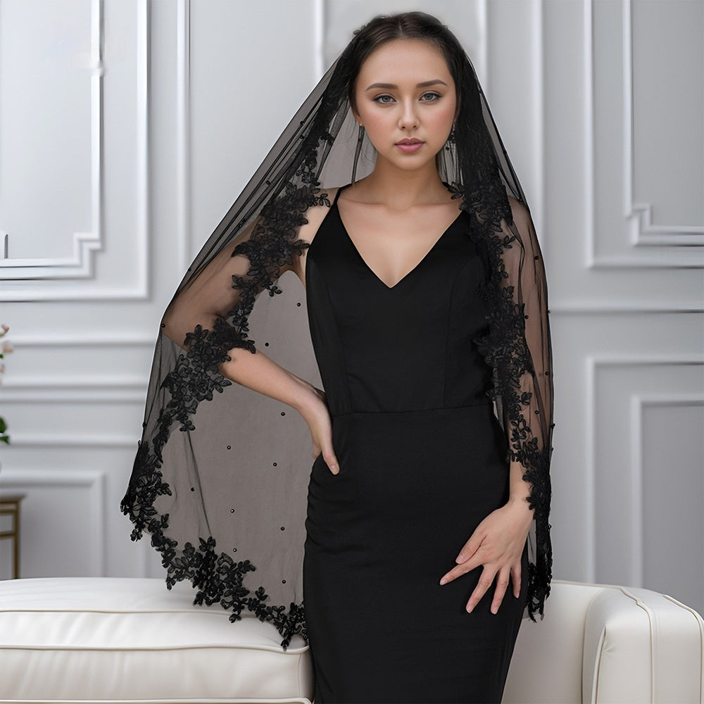 Exquisite Lace Black Veil Pearl Bridal Veil by Glamytek