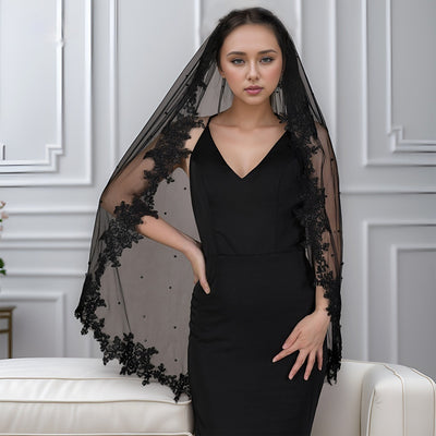 Exquisite Lace Black Veil Pearl Bridal Veil by Glamytek