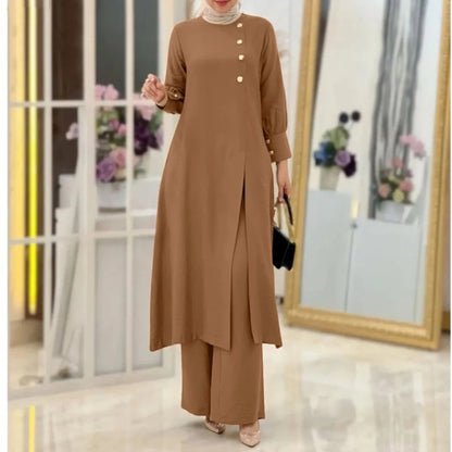 Women's Two-Piece Elegant Long Shirt Wide Leg Pants Set