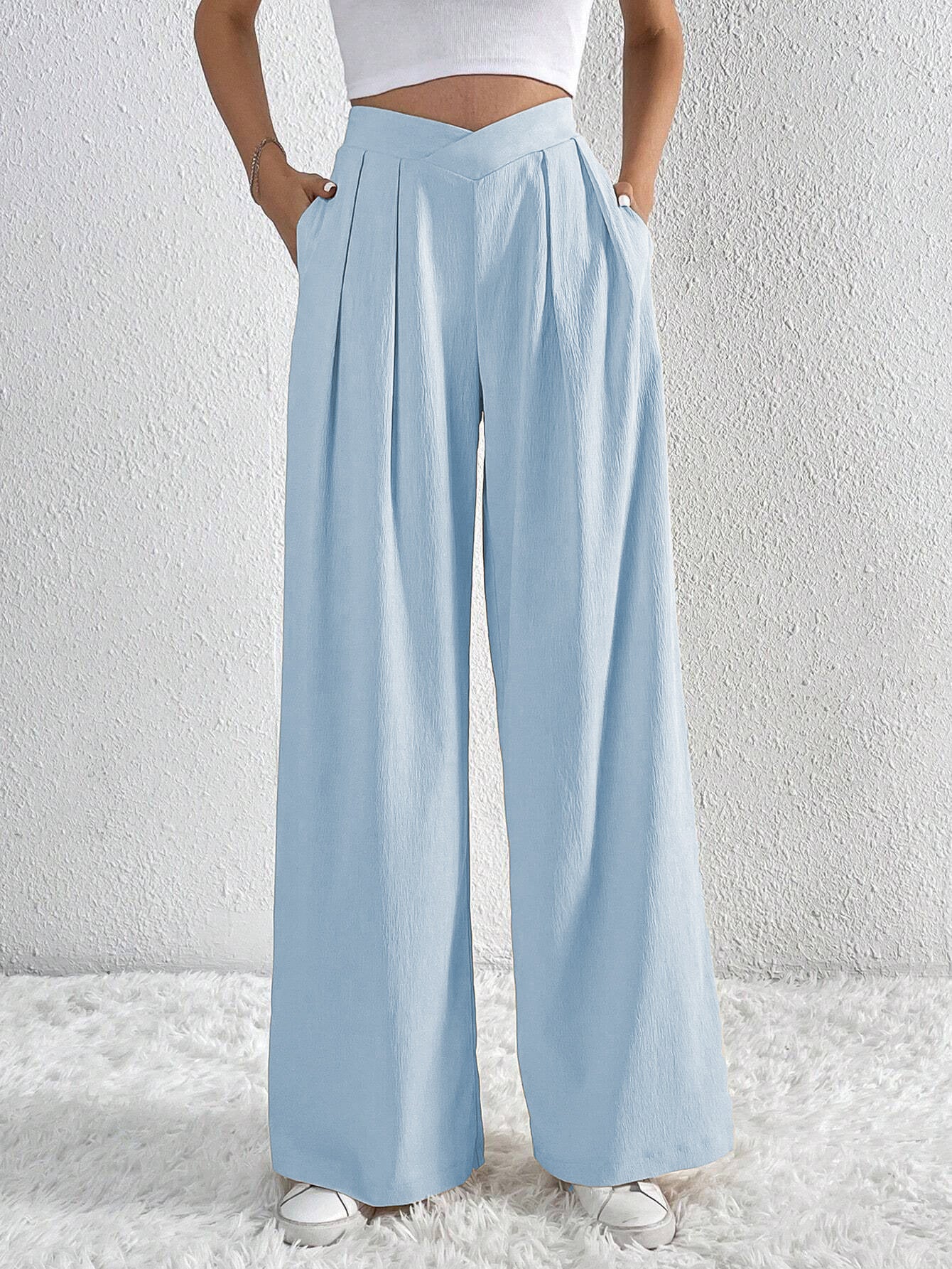 Summer New Solid Color Pleated Casual Wide-leg Pants Loose Casual Women's Commuting Versatile Style Comfortable TrousersS by Glamytek