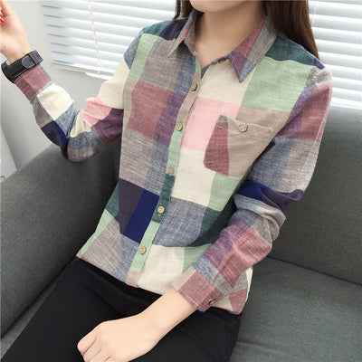 asual Plaid Women Blouses Kimono Vintage Linen Cotton Long Sleeve Blouse Female Shirts Tops by Glamytek