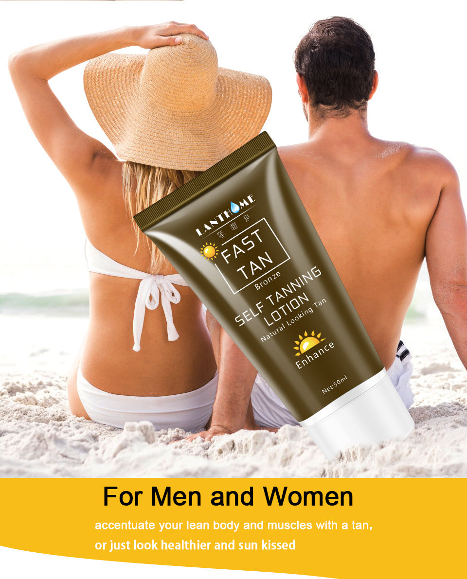 Self tanning lotion tube for bronzing on a sunny beach beside a couple, 50ml tanning cream body lotion