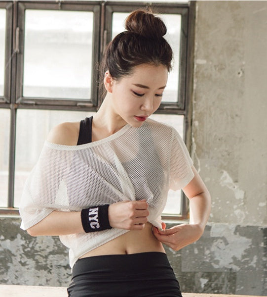 Women Yoga Shirt Hollow Out Mesh Blouse Crop Tops Sports Running Tshirt Breathable Fitness Tops Gym Clothing for Women by Glamytek