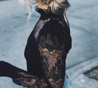 Fashion Casual Women's Ladies Blouses Long Sleeves Sheer Tops Floral Lace Blouse Shirt Top Blouse Black Clothing Turtleneck by Glamytek