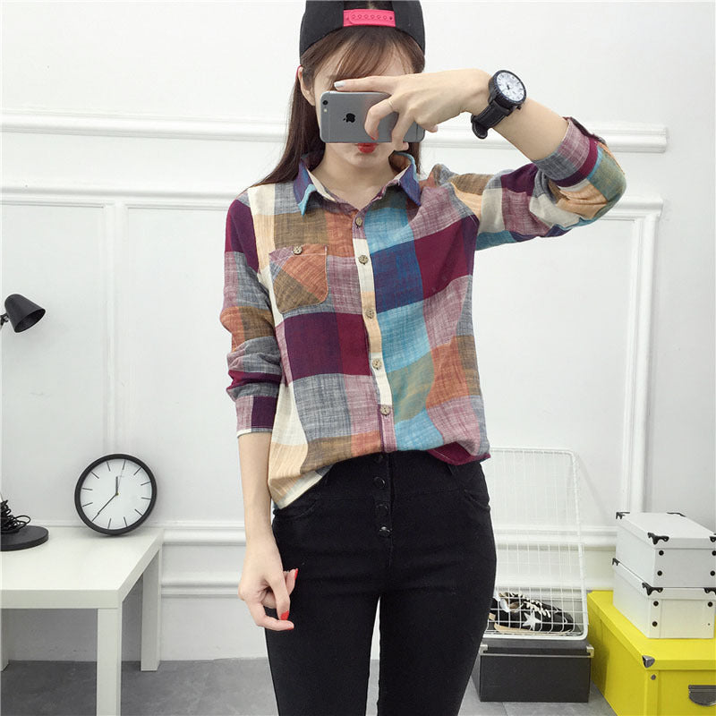 asual Plaid Women Blouses Kimono Vintage Linen Cotton Long Sleeve Blouse Female Shirts Tops by Glamytek