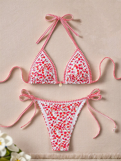 Contrasting-color printed lace-up sexy two-piece swimsuit by Glamytek