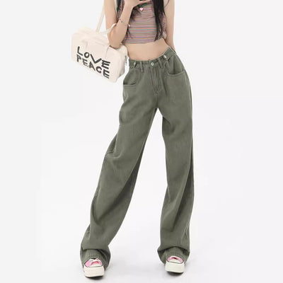 Green High Waist Wide Leg Jeans For Women Loose Drooping by Glamytek