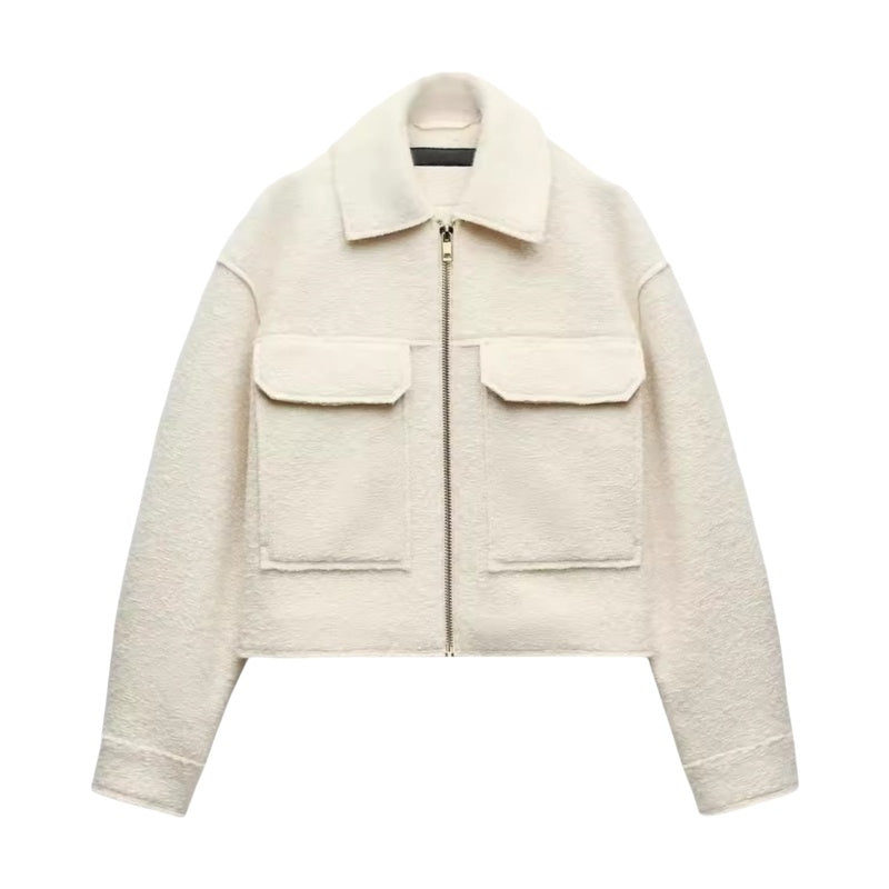 Long Sleeve Beaded Leather Jacket Large Pocket Woolen Coat