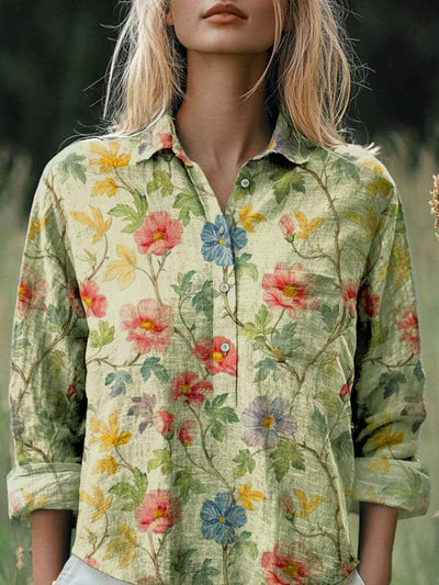 New Casual Printed Floral Button Polo Collar Top Shirt For Women by Glamytek