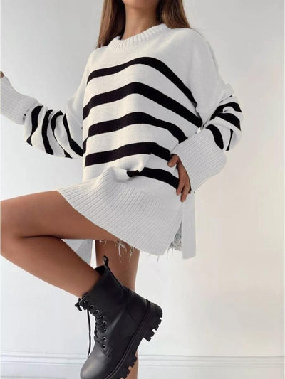 Casual Striped Loose Crew Neck Pullover Sweater Coat by Glamytek