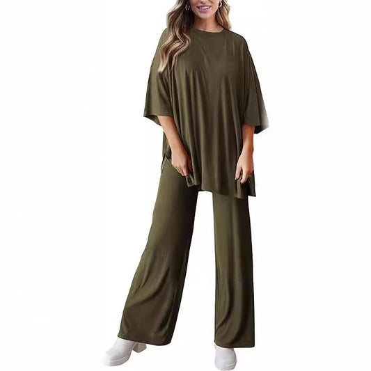 Casual short-sleeved top and wide-leg pants