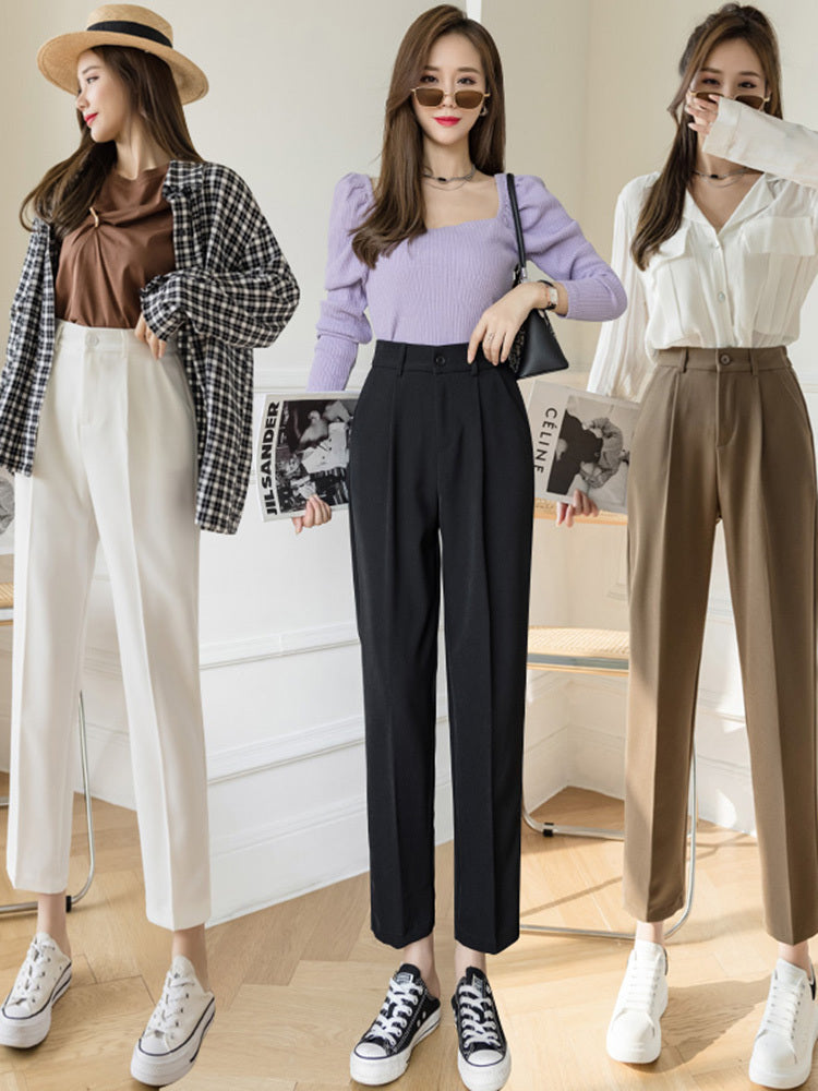 Nine Point Suit Pants Women"s Spring And Summer New High Waist Slim Loose Straight Pants Versatile Casual Harlan Pipe Pants by Glamytek
