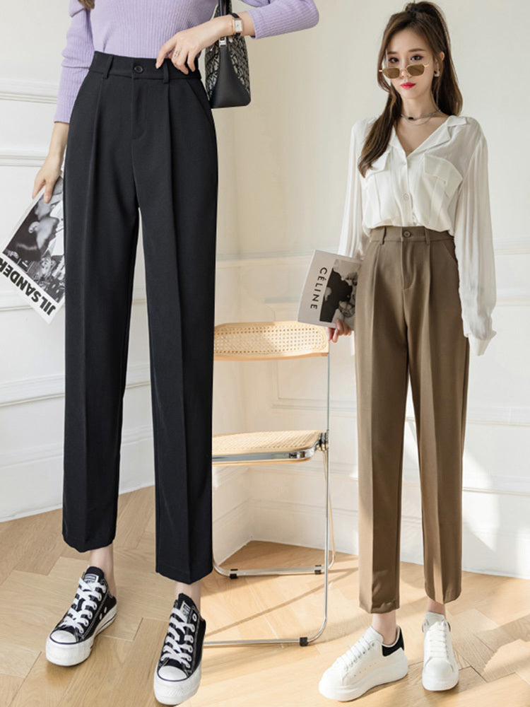 Nine Point Suit Pants Women"s Spring And Summer New High Waist Slim Loose Straight Pants Versatile Casual Harlan Pipe Pants by Glamytek