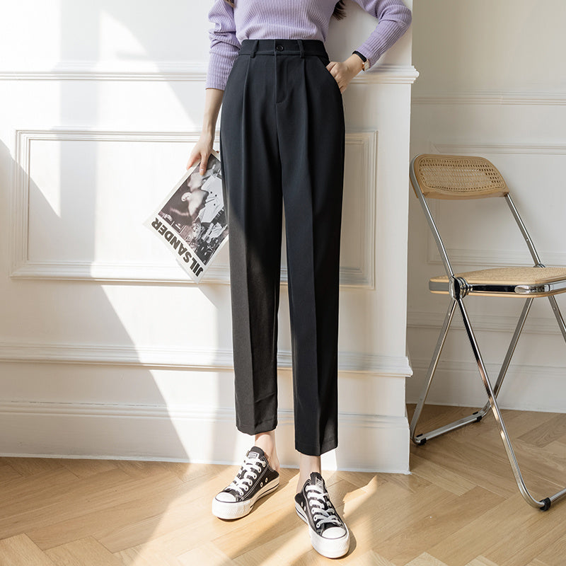 Nine Point Suit Pants Women"s Spring And Summer New High Waist Slim Loose Straight Pants Versatile Casual Harlan Pipe Pants by Glamytek
