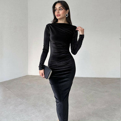 Solid-color fitted pleated round-neck long-sleeved dress by Glamytek