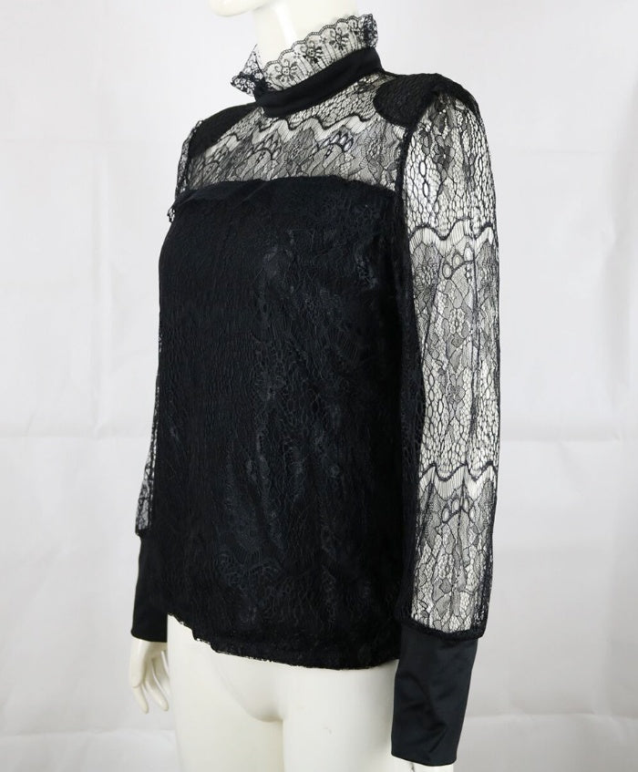 Fashion Casual Women's Ladies Blouses Long Sleeves Sheer Tops Floral Lace Blouse Shirt Top Blouse Black Clothing Turtleneck by Glamytek