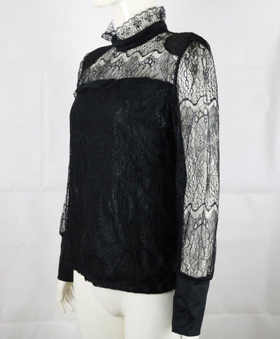Fashion Casual Women's Ladies Blouses Long Sleeves Sheer Tops Floral Lace Blouse Shirt Top Blouse Black Clothing Turtleneck by Glamytek