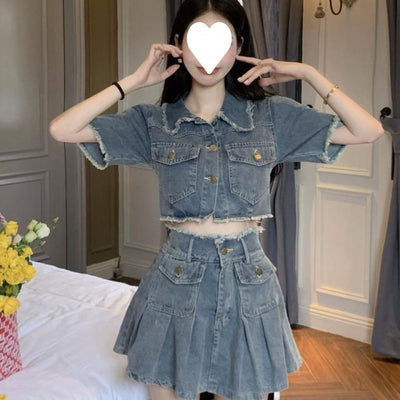 Washed Raw Edge Shirt Denim Suit by Glamytek