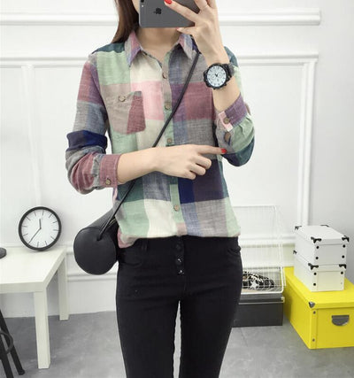 asual Plaid Women Blouses Kimono Vintage Linen Cotton Long Sleeve Blouse Female Shirts Tops by Glamytek