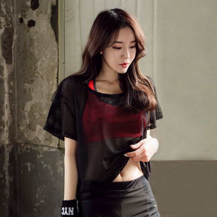 Women Yoga Shirt Hollow Out Mesh Blouse Crop Tops Sports Running Tshirt Breathable Fitness Tops Gym Clothing for Women by Glamytek