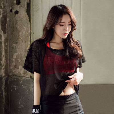 Women Yoga Shirt Hollow Out Mesh Blouse Crop Tops Sports Running Tshirt Breathable Fitness Tops Gym Clothing for Women by Glamytek