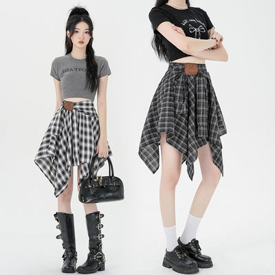 Asymmetrical Plaid A-Line Skirt with Tie Straps by Glamytek